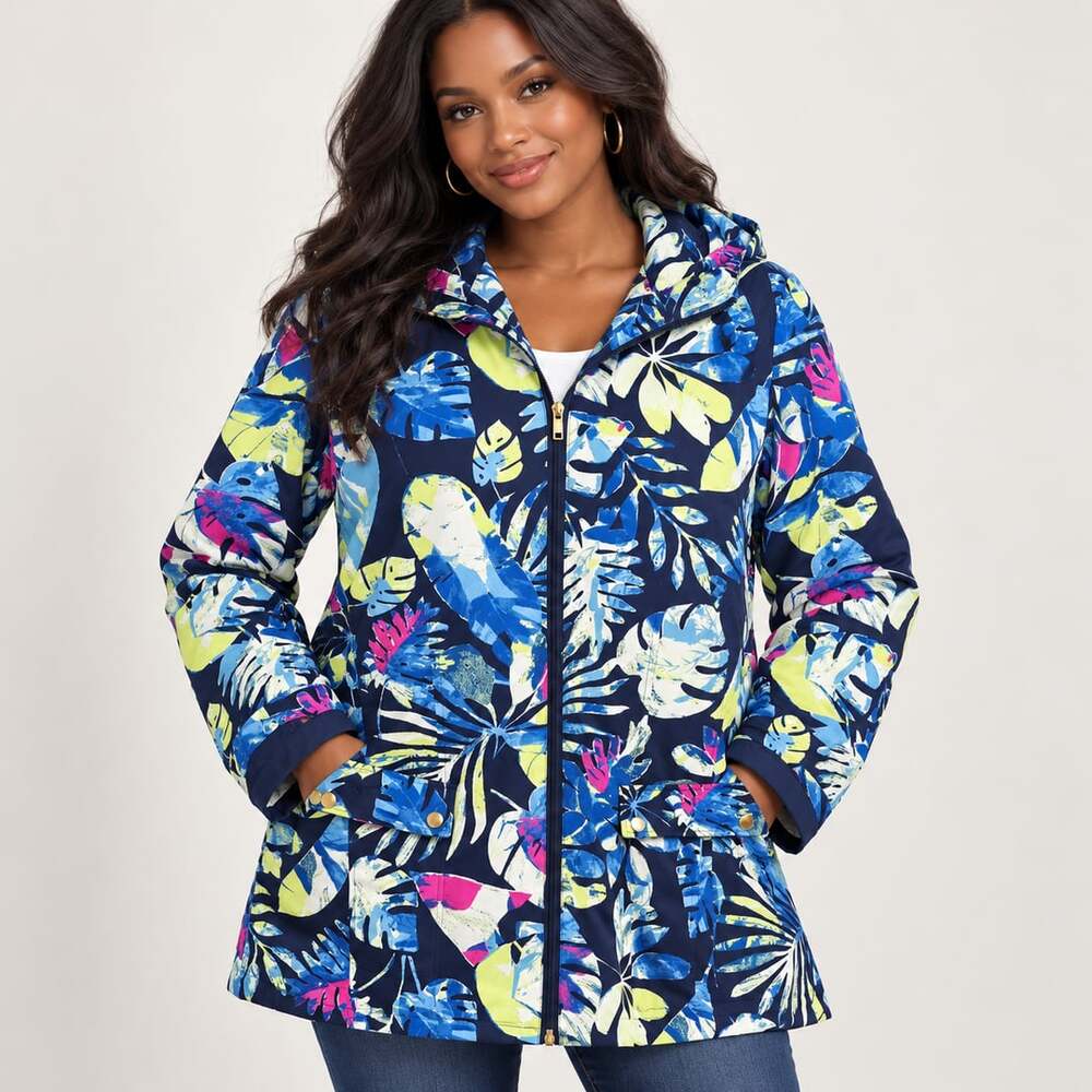 Blair XL Tropical Floral Lightweight Jacket Blue Coastal Grandmillennial Zip